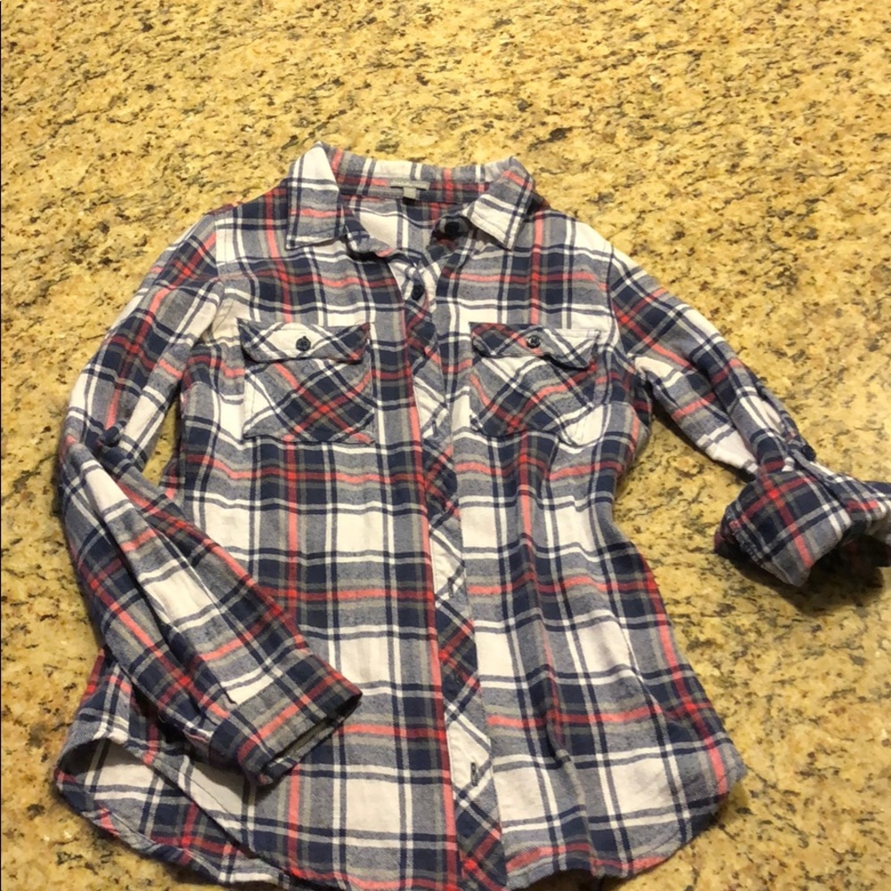 Blue and red button up flannel shirt